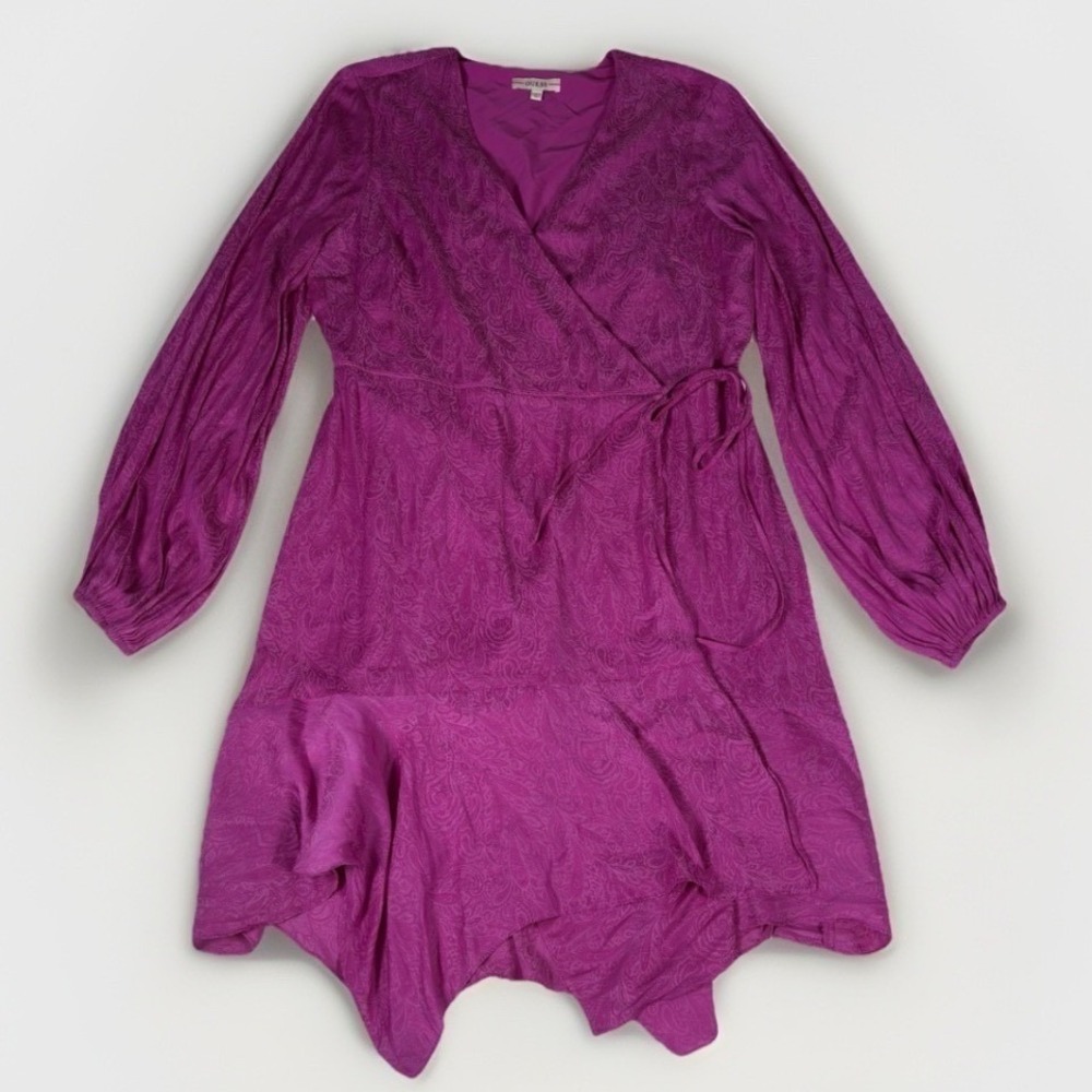 GUESS Midi Wrap Dress Womens XL Magenta Paisley Print Long Sleeve Western Boho
